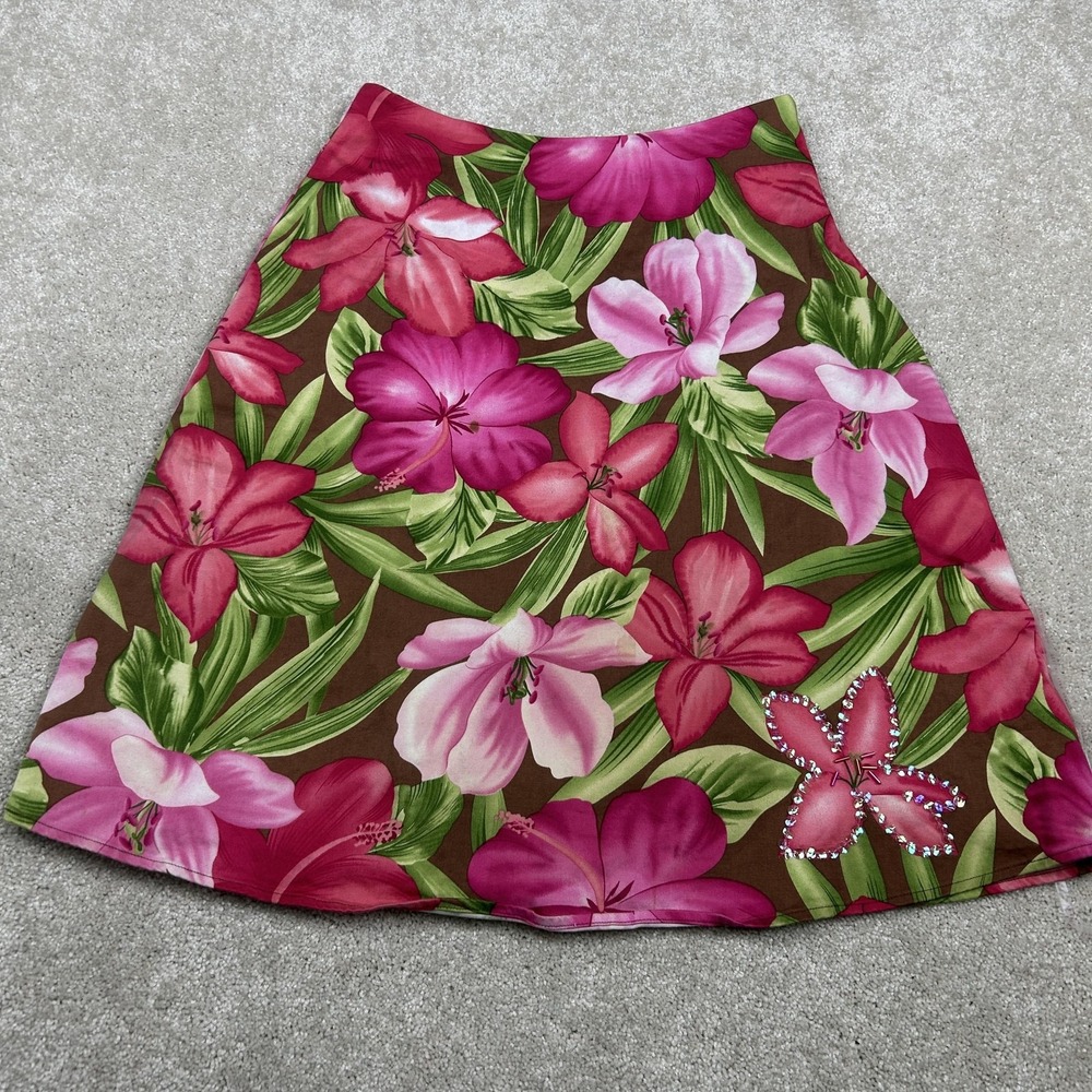 Bamboo Traders Skirt Womens‎ 2 Pink Floral Beaded Rhinestone A-Line Tropical